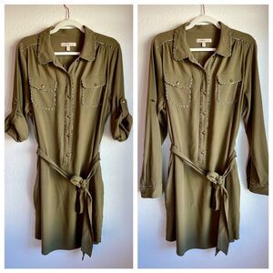 Banana Republic Heritage Belted Safari Dress Roll Tab Sleeves Olive Green 14